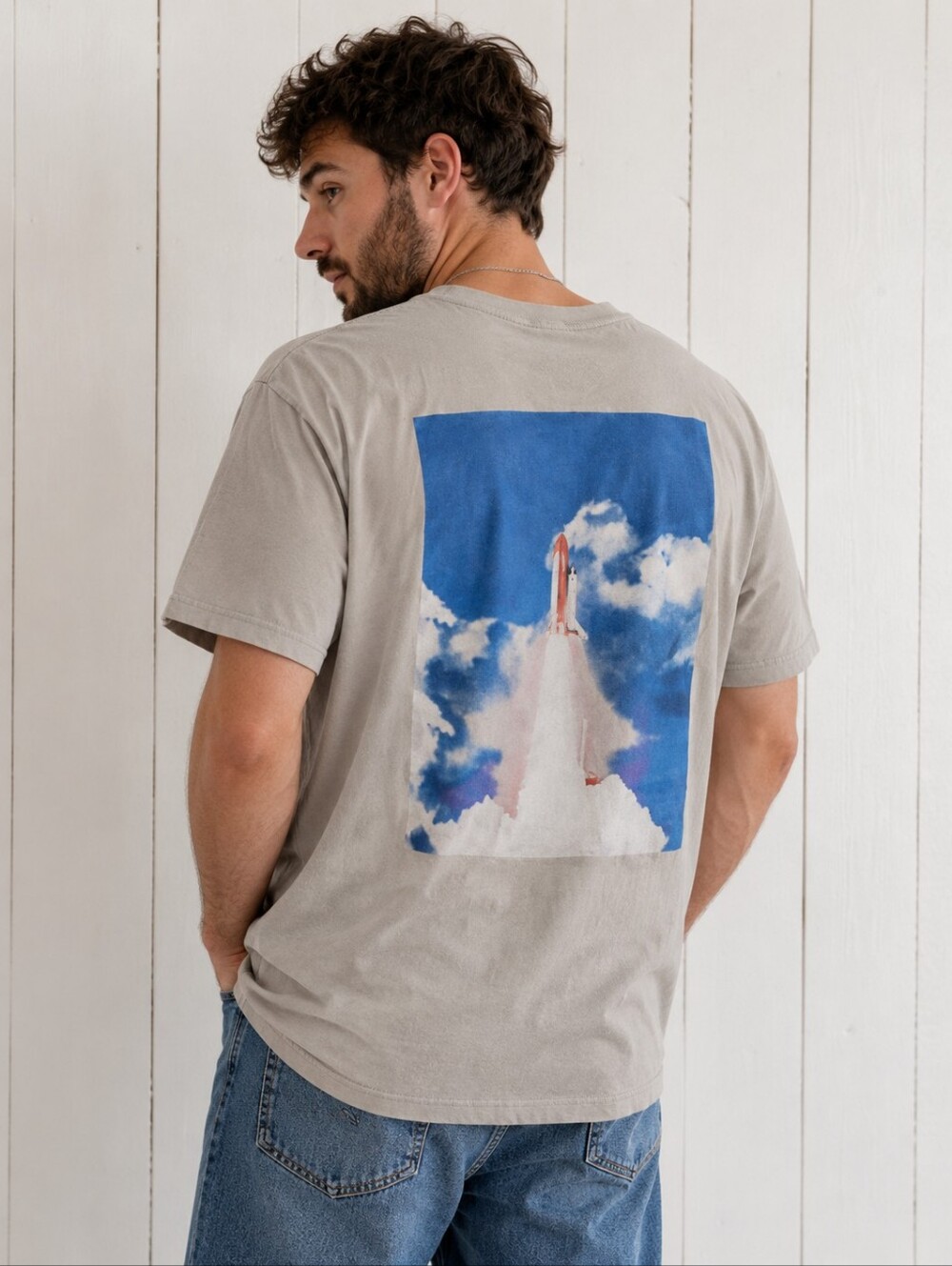NASA Rocket Launch Back Graphic T-Shirt Tan Mens Large Space Program Graphic Tee